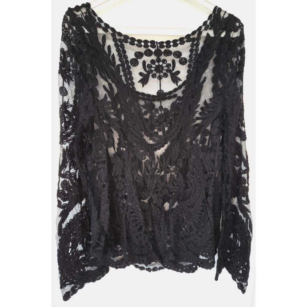 Floral Mesh Lace Embroidered Top Black Sheer Boho Blouse Bell Sleeve Gothic